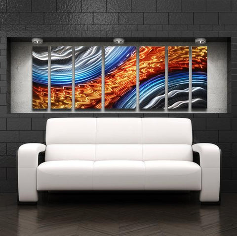 blue and orange metal wall artwork