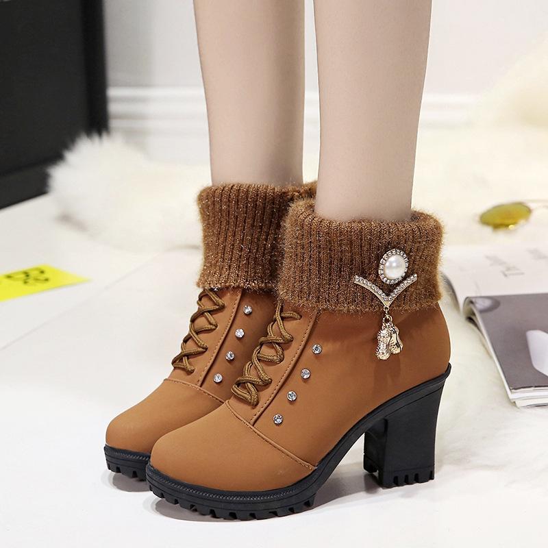 women warm square heels multicolor snow boots