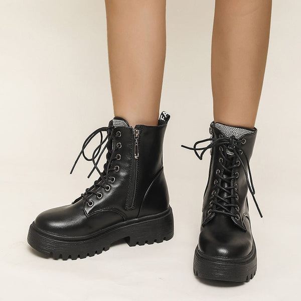 Women black lace up chunky platform short combat boots