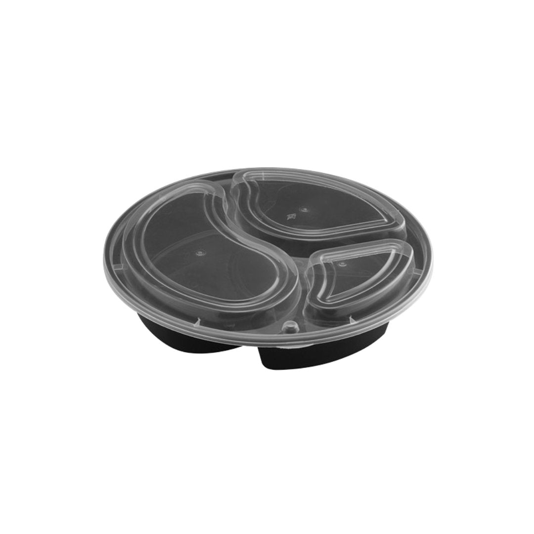 45oz Round Microwaveable Container with Lid 3-compartment, 150 Sets