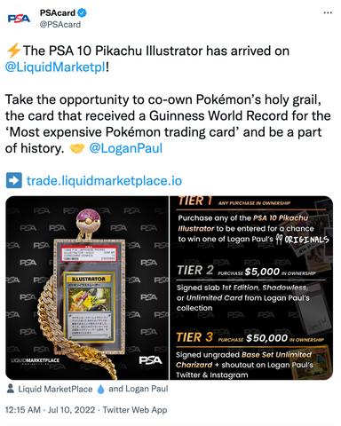 PSA tweets about Logan Paul's PSA 10 Illustrator Pikachu