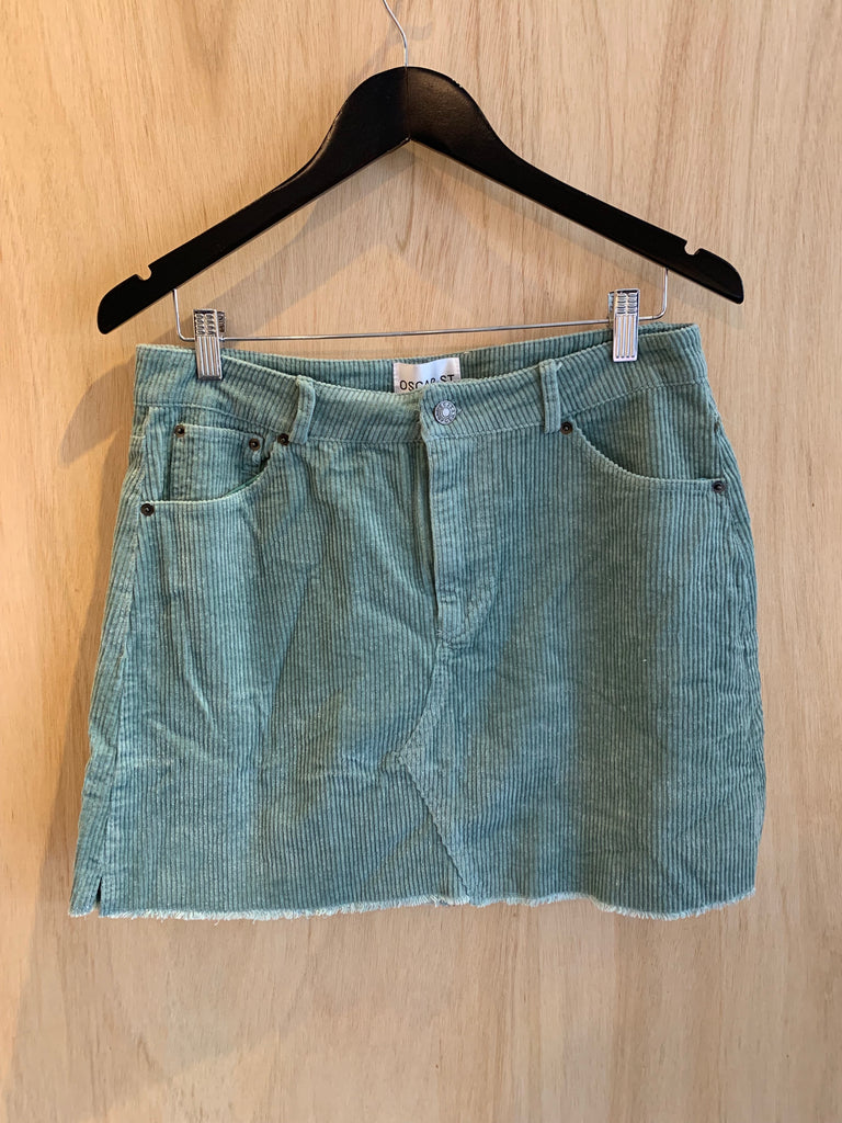 mint green denim skirt