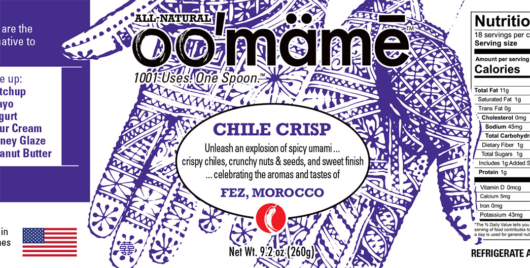oo'mame Moroccan Chile Crisp label with hennaed hands
