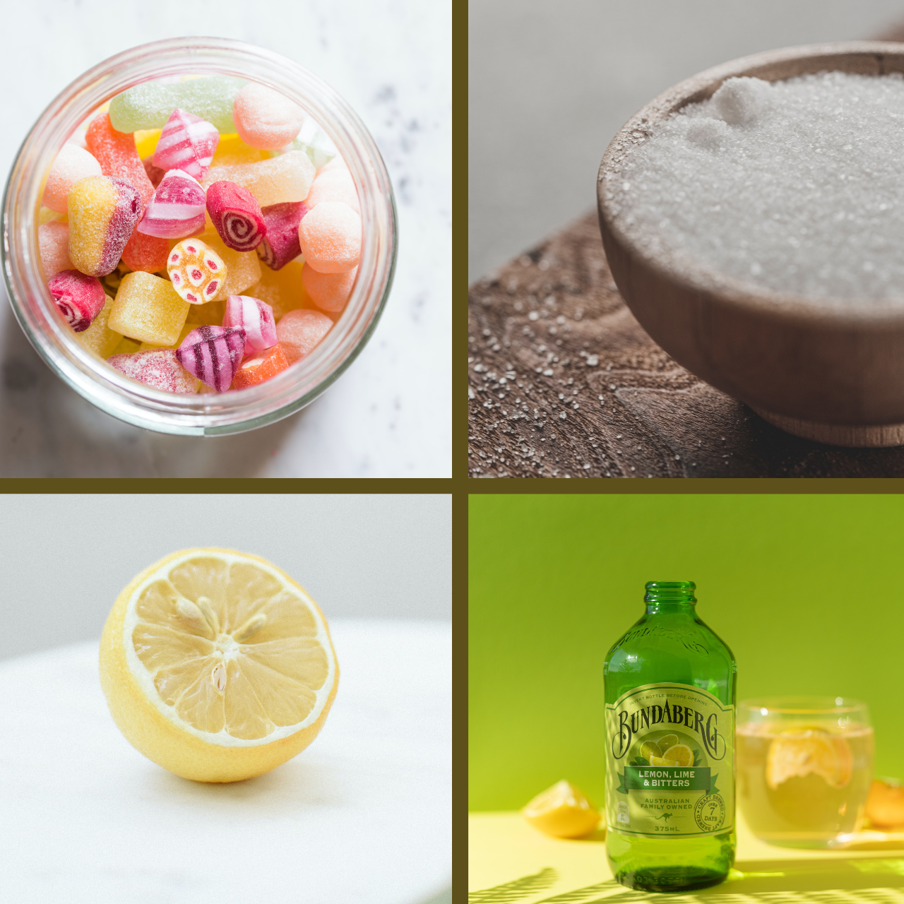 candy (sweet), salt (salty), lemon (sour) and lemon bitters with citrus (bitter)