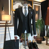 Men Suits - Italian Style Men Slim Fit Plaid Suit: Jacket + Vest + Pants - Black Color