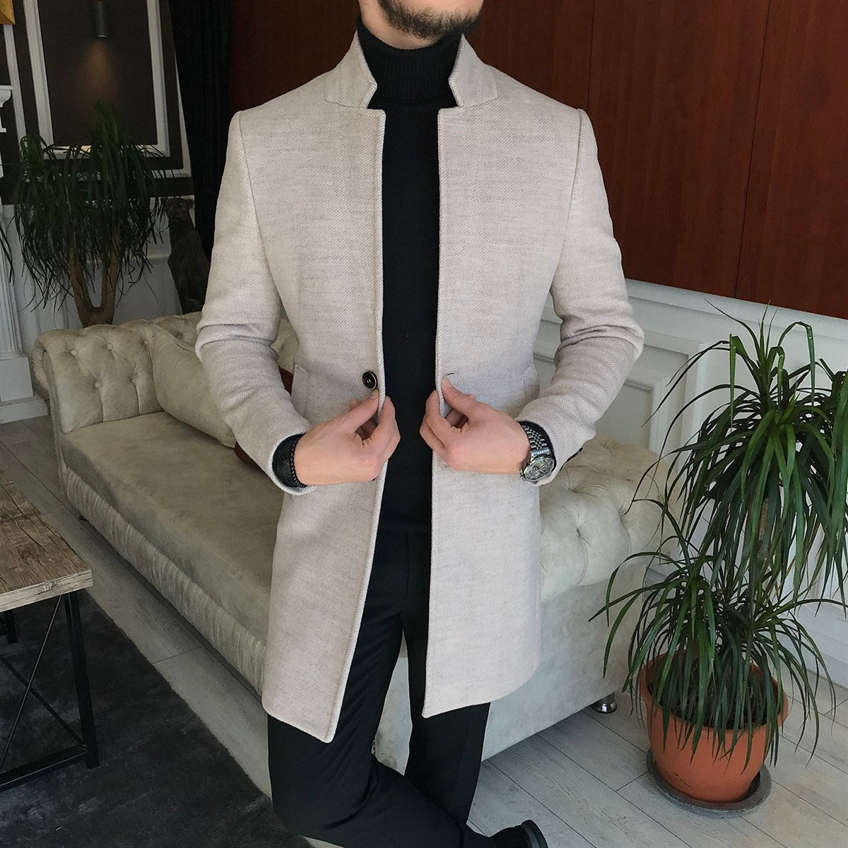 Men Coats - Italian Style Slim Fit Men's Sheer Mono Collar Wool Cachet ...