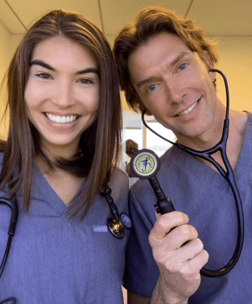 Asia Sullivan and her colleague show off 3M Littmann CORE Digital Stethoscope