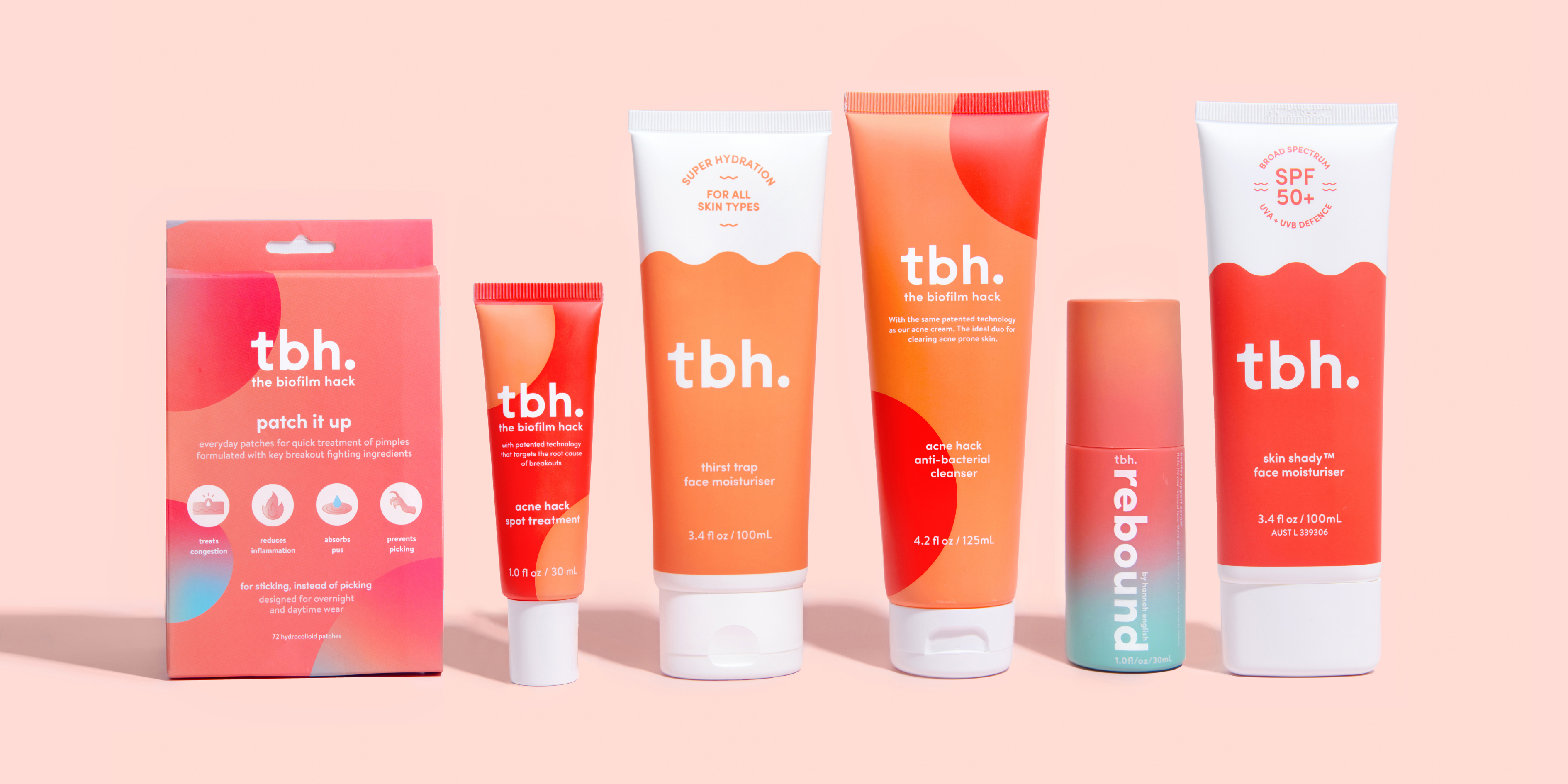 tbh skincare products, products lined up with pink background 