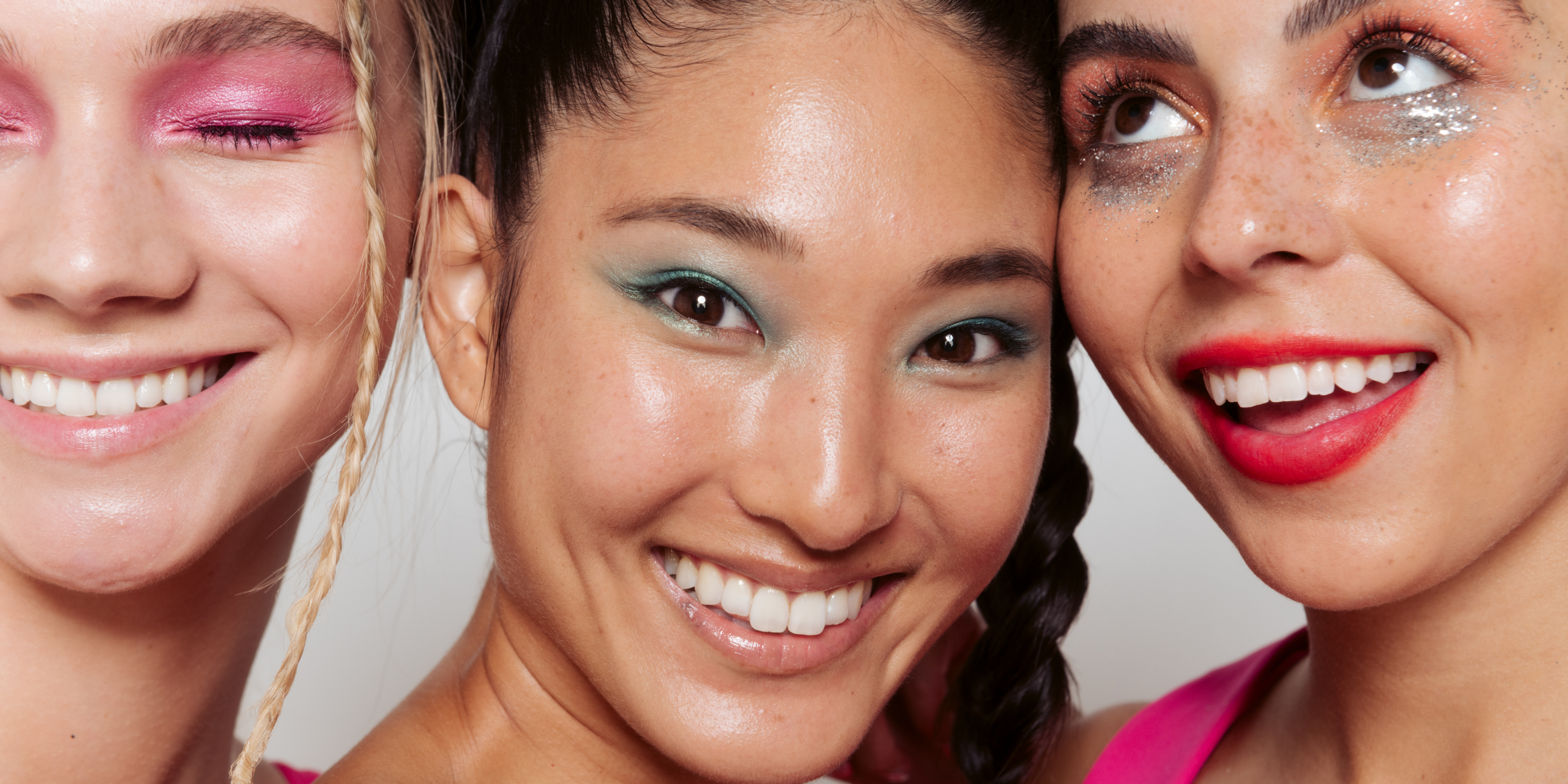 3 girls with coloured eyeshadow and glitter, smiling to the camera. Dry skin ingredients