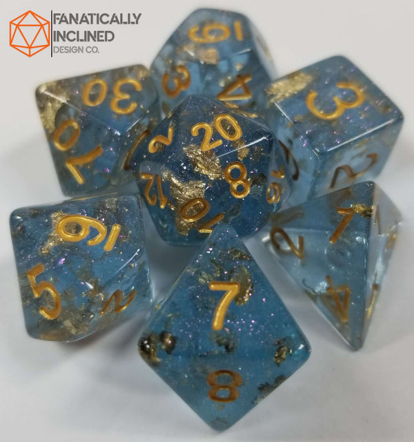 Blue with Gold Foil Resin Glitter 7pc Dice Set