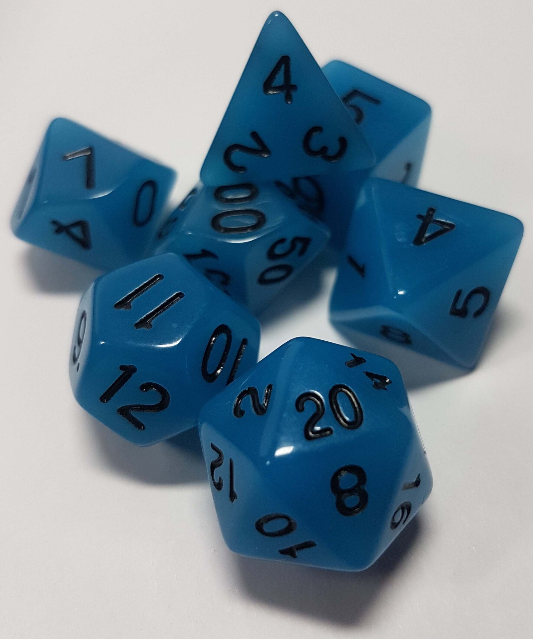 Blue Radiant Glow In The Dark 7pc Dice Set Fanatically Inclined Design Co