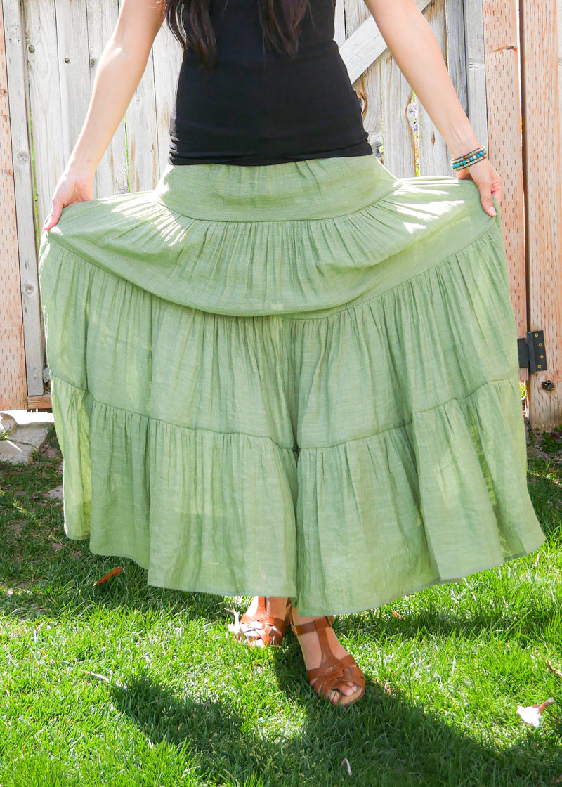 Women's Green Tiered Long Midi Skirt - Pilgrim Peasant Hippie Skirt ...
