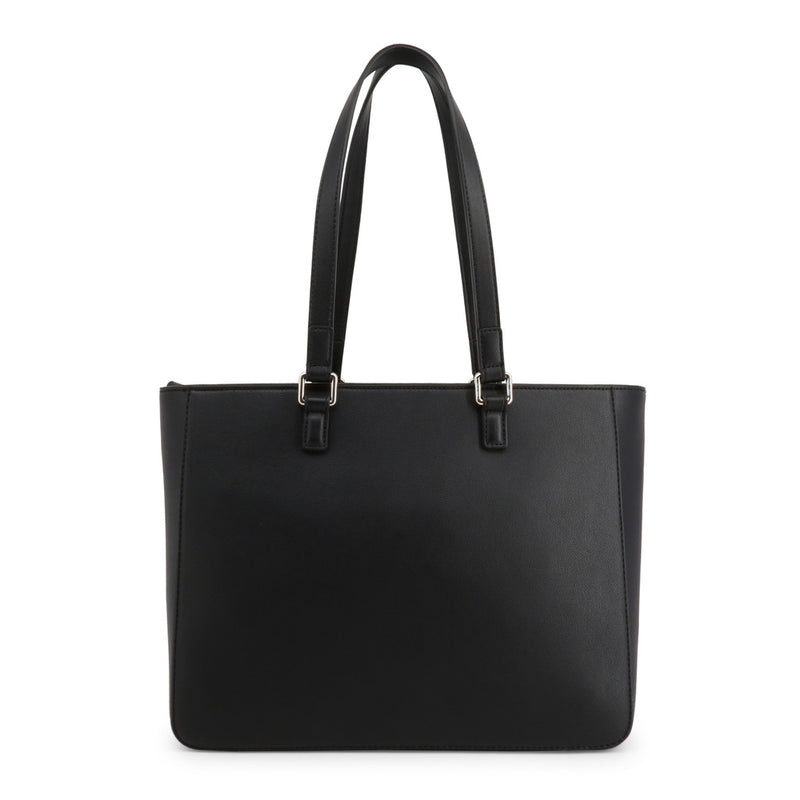 Дамска чанта в черно с метално лого и външен джоб с цип