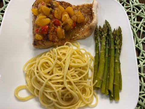 Pan Seared Lake Trout with Homemade Peach Salsa Pasta and Asparagus