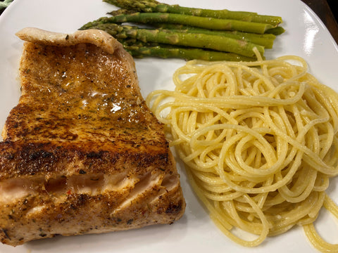 Pan Seared Fish Lake  Trout with Asparagus and Pasta Fish Recipe