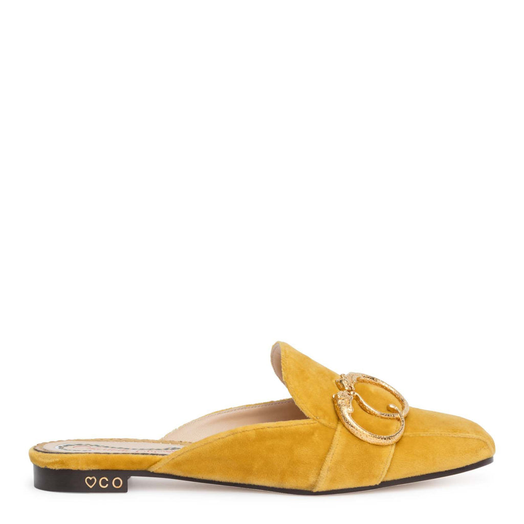 yellow velvet mules