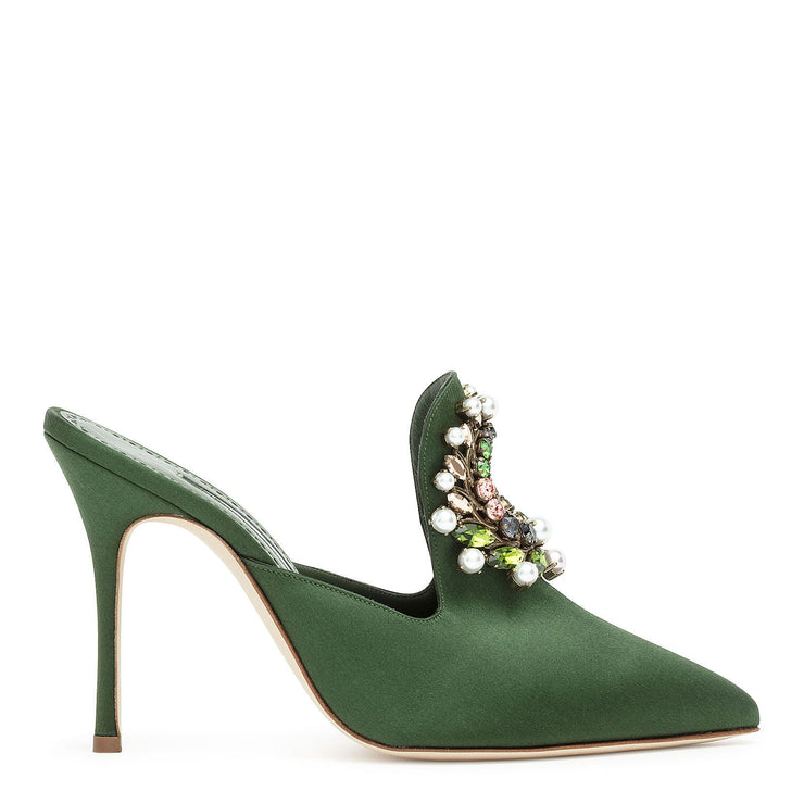 green satin mules