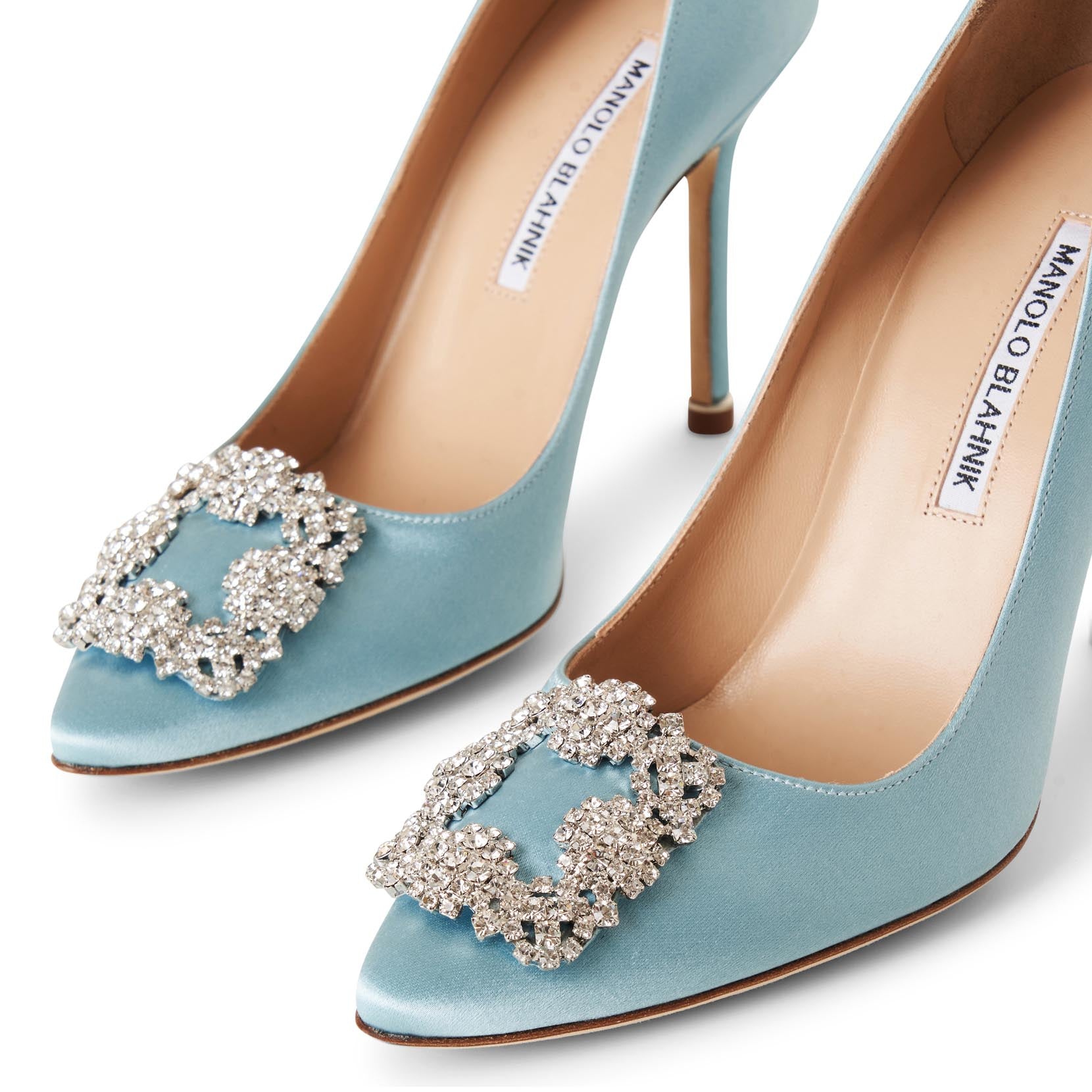 Manolo Blahnik Hangisi 105 Light Blue Satin Pumps | ModeSens