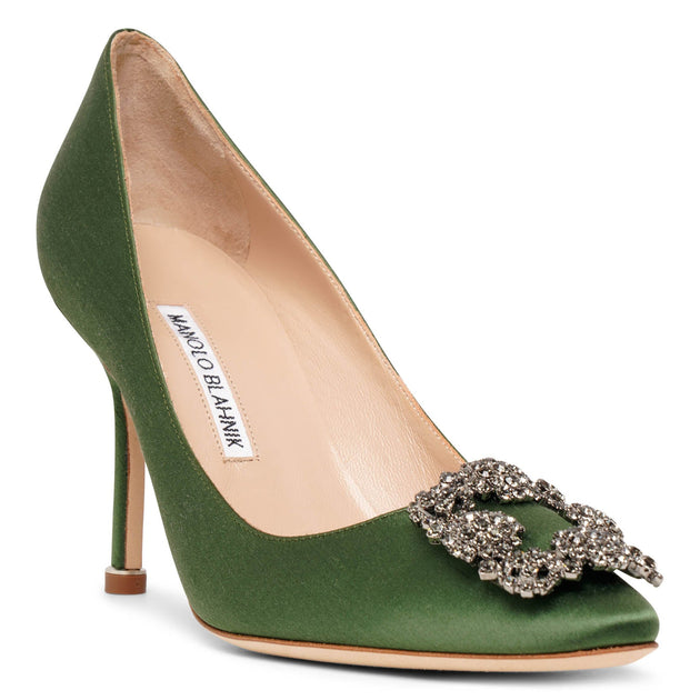 Manolo Blahnik | Hangisi 90 dark green satin pumps | Savannahs