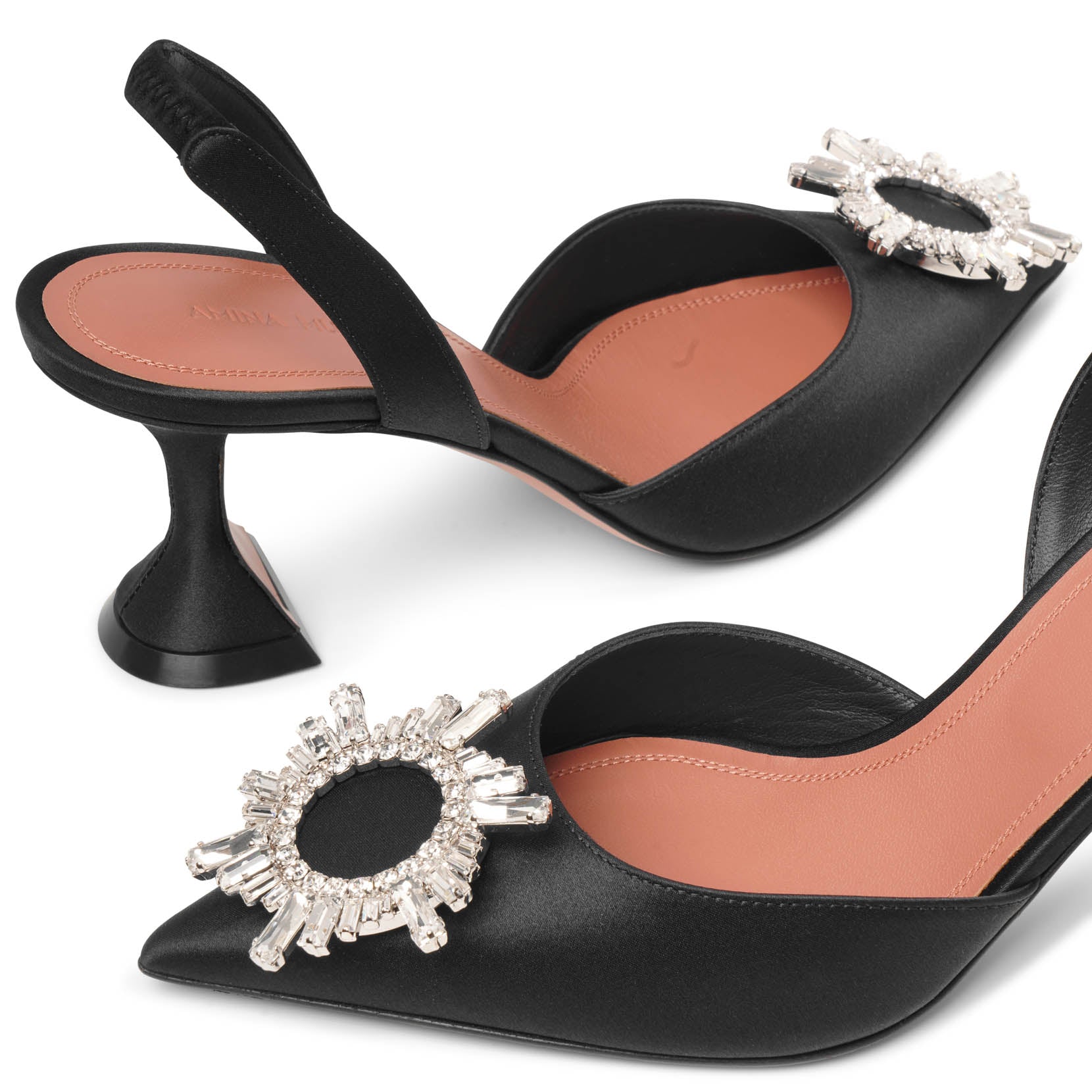 Shop Amina Muaddi Begum Sling 70 Crystal Embellished Black Satin Pumps