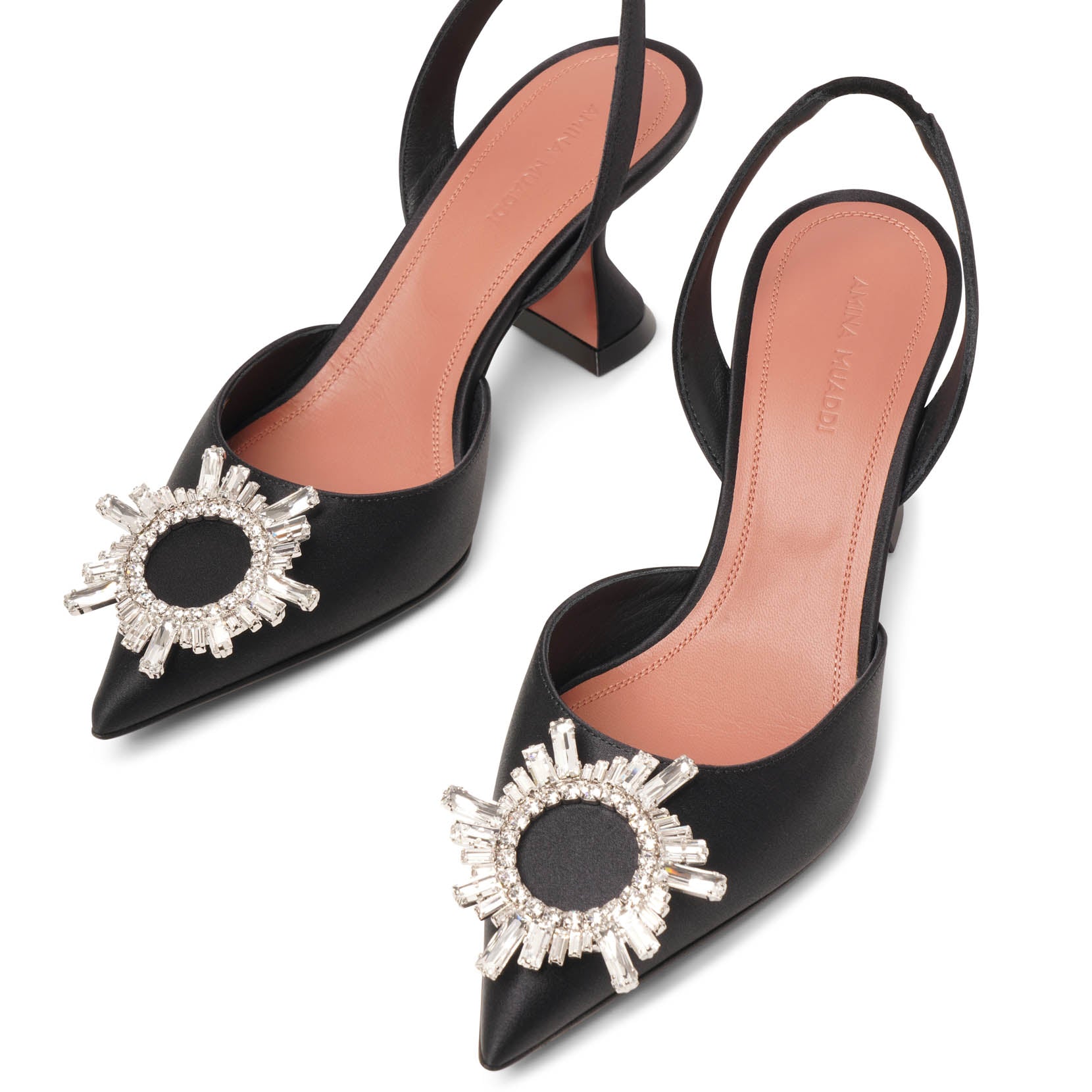 Shop Amina Muaddi Begum Sling 70 Crystal Embellished Black Satin Pumps