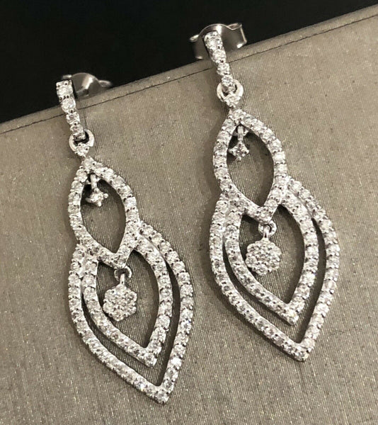18ct White Gold Diamond Drop Earrings .75ct Dangle Drop Cluster Studs Cocktail 2