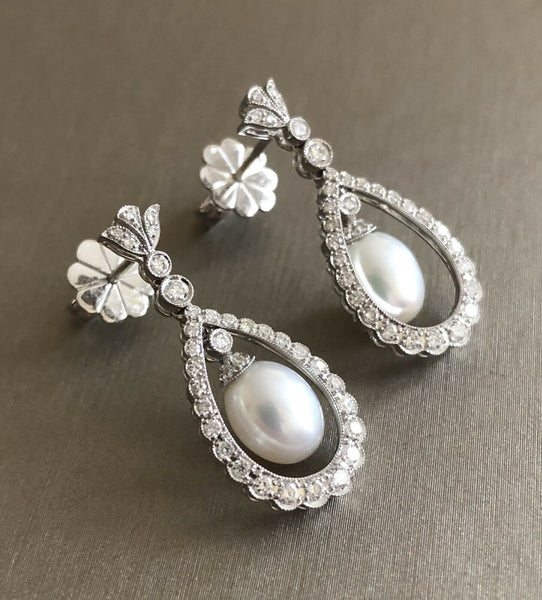 18ct White Gold Diamond Pearl Drop Earrings 1.20ct Halo Teardrop Royal Studs 2