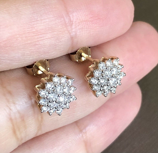 9ct Yellow Gold Diamond Earrings 1ct Flower Cluster Studs 100 Points Hallmarked 3