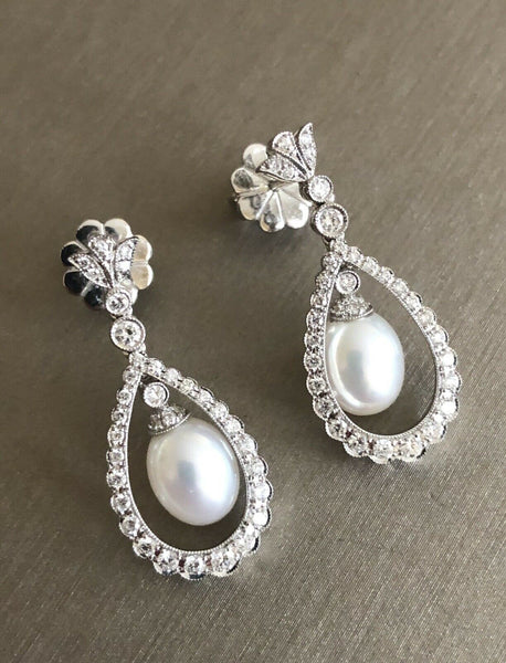 18ct White Gold Diamond Pearl Drop Earrings 1.20ct Halo Teardrop Royal Studs 1