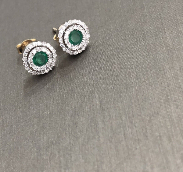 9ct Yellow Gold Emerald Diamond Earrings Double Halo Round 0.30ct DIA 0.50ct EM 1