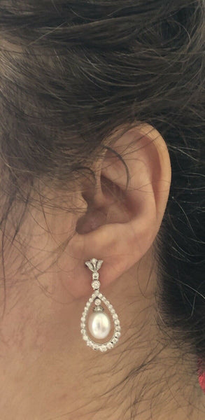 18ct White Gold Diamond Pearl Drop Earrings 1.20ct Halo Teardrop Royal Studs 7