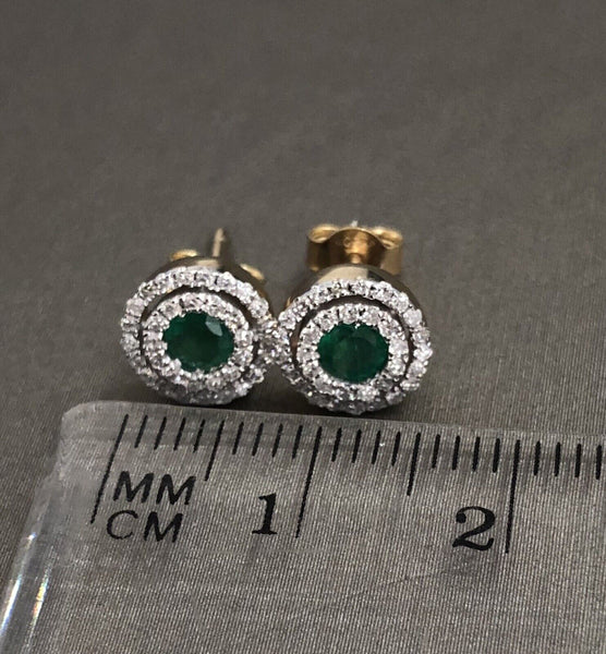 9ct Yellow Gold Emerald Diamond Earrings Double Halo Round 0.30ct DIA 0.50ct EM 4