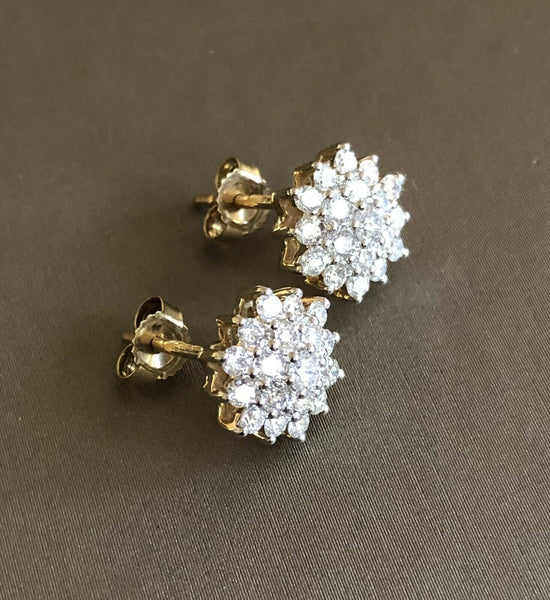 9ct Yellow Gold Diamond Earrings 1ct Flower Cluster Studs 100 Points Hallmarked 2