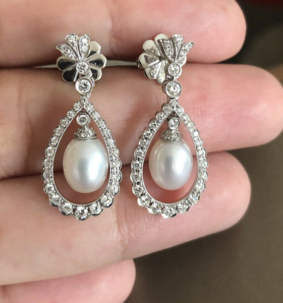 18ct White Gold Diamond Pearl Drop Earrings 1.20ct Halo Teardrop Royal Studs 5