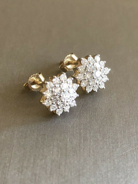 9ct Yellow Gold Diamond Earrings 1ct Flower Cluster Studs 100 Points Hallmarked 1
