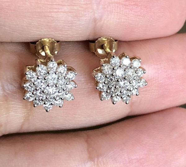 9ct Yellow Gold Diamond Earrings 1ct Flower Cluster Studs 100 Points Hallmarked 5
