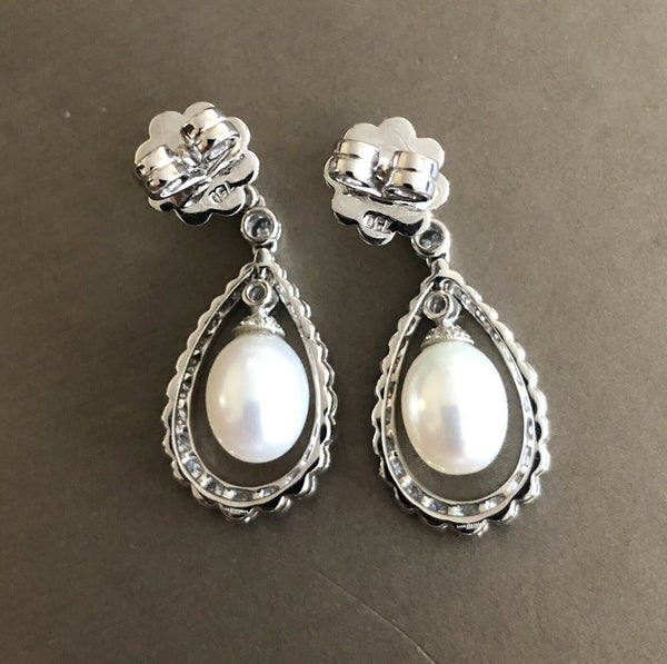 18ct White Gold Diamond Pearl Drop Earrings 1.20ct Halo Teardrop Royal Studs 3