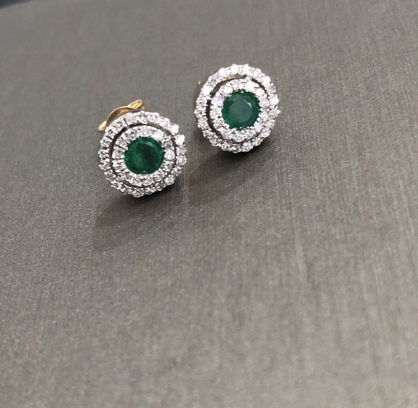 9ct Yellow Gold Emerald Diamond Earrings Double Halo Round 0.30ct DIA 0.50ct EM 2