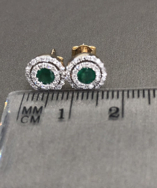 9ct Yellow Gold Emerald Diamond Earrings Double Halo Round 0.30ct DIA 0.50ct EM 3