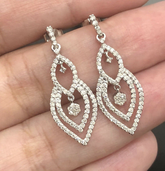 18ct White Gold Diamond Drop Earrings .75ct Dangle Drop Cluster Studs Cocktail 1