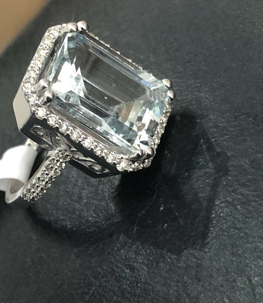 Large 18ct White gold Aquamarine Diamond Ring Square Cushion 0.40ct D 6.25ct A 2