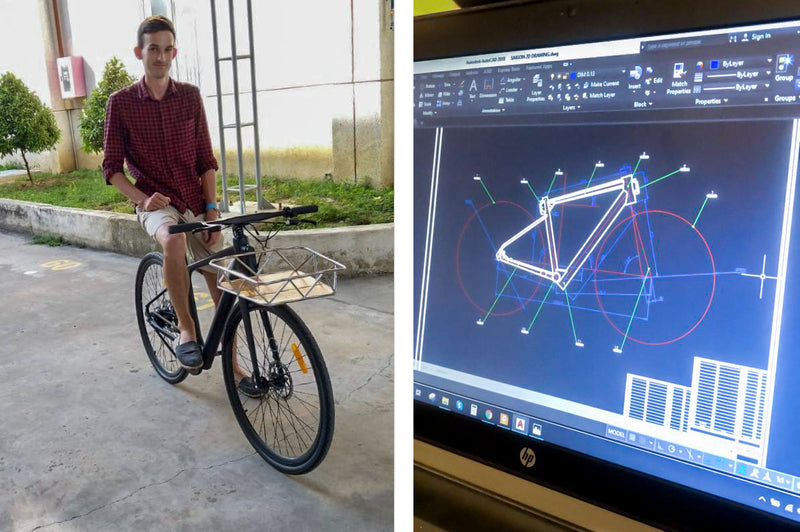 Jack with the first prototype, and modelling the bike