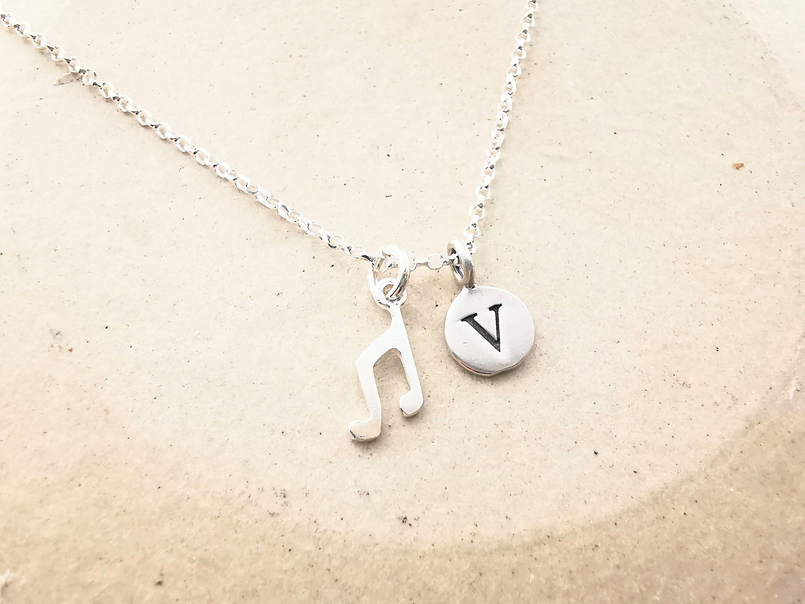 Sterling Silver Music Note and Initial Pendant Necklace - Sophellie Jewellery product image