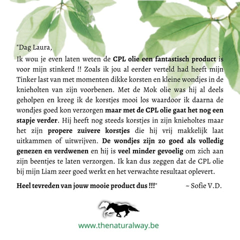 CPL olie The Natural Way, Laura Cleirens, 100 % natuurlijk duurzaam product middel oplossing voor paarden pony met cpl chronisch progressief lymfoedeem, Fries, Tinker, Shire, Trekpaard, Irish Cob