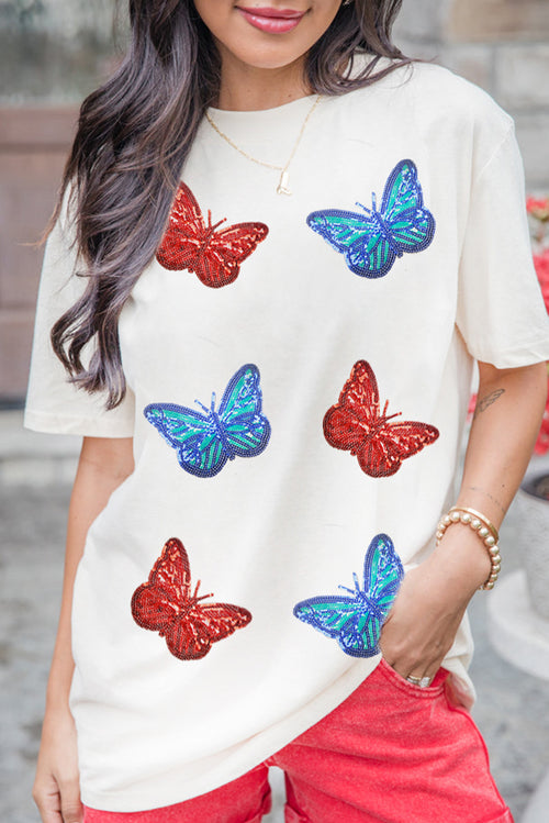 White Sequined Butterfly Graphic Casual T Shirt