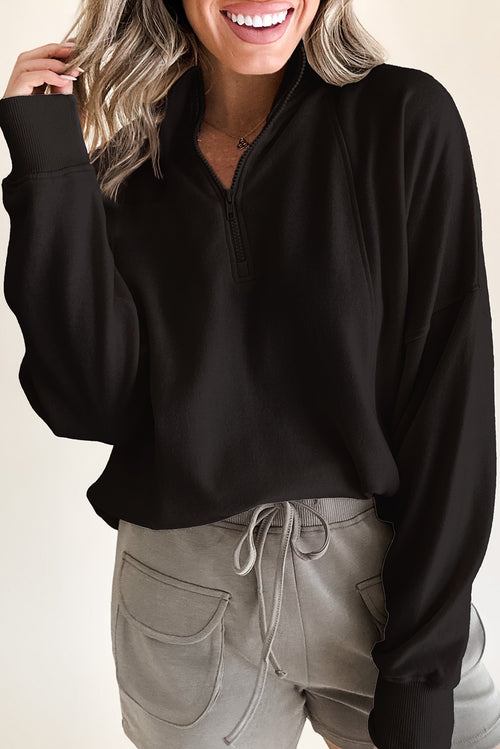 Black Zipped Neck Pullover Drop Shoulder Sweatshirt