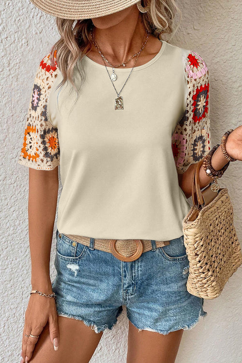 Parchment Floral Crochet Short Sleeve Top