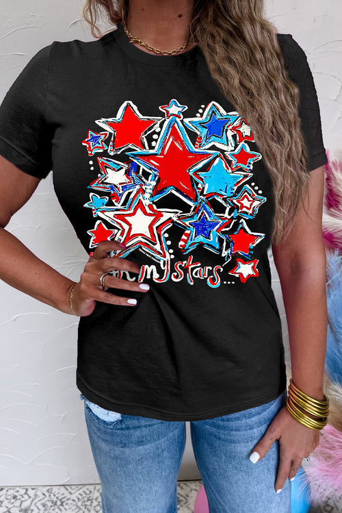 Black oh my stars Printed Flag Day T Shirt