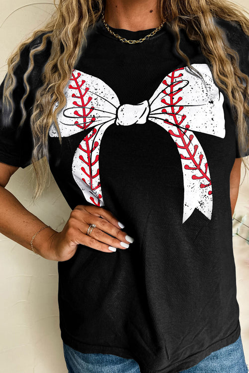 Black Baseball Bowknot Graphic Casual Tee