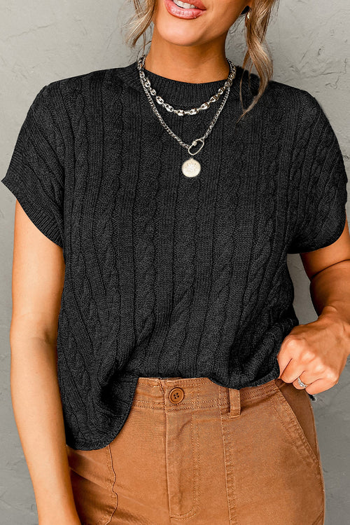 Black Crew Neck Cable Knit Short Sleeve Sweater